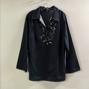 KAREN KANE 100% Cotton Laser Cut Lace BL/WHT Johnny Collar Palm Springs Tunic 1X